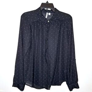 Elle brand" Swiss Dots and a Scalloped Edge" Preppy core button-down blouse.